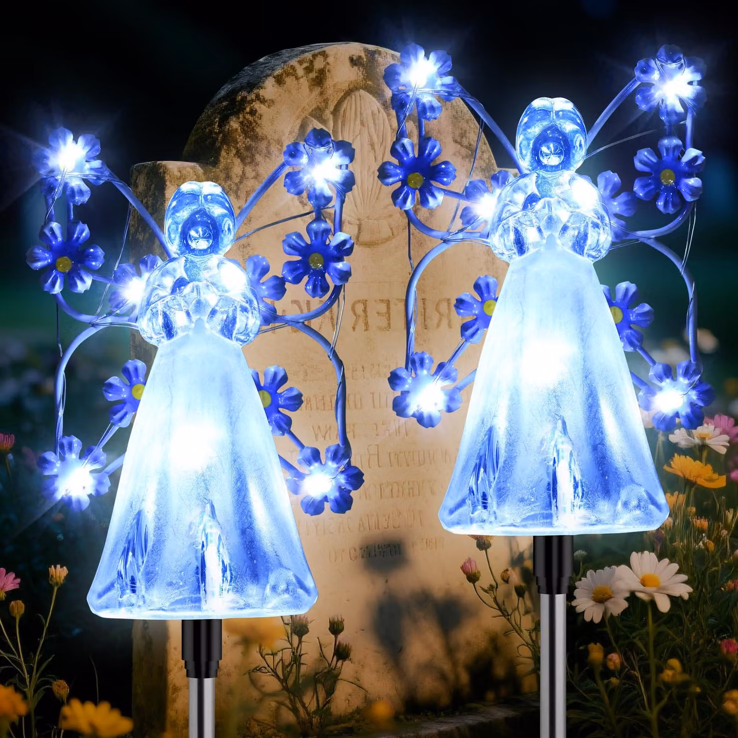 Set di 2 luci solari, 14 LED, impermeabili, 8 modalità, ideali per cimiteri, giardini