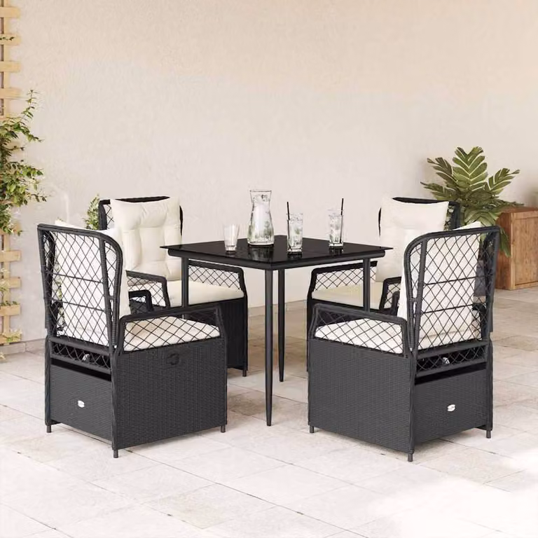 Set da Pranzo da Giardino vidaXL in Polyrattan Nero con Cuscini e Tavolo in Vetro