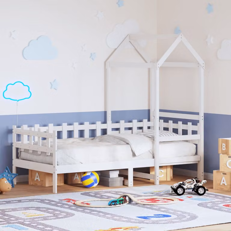 vidaXL Letto a castello con tetto per bambini in legno massello di pino, Bianco, L: 200 cm, P: 80 cm, H: 188 cm
