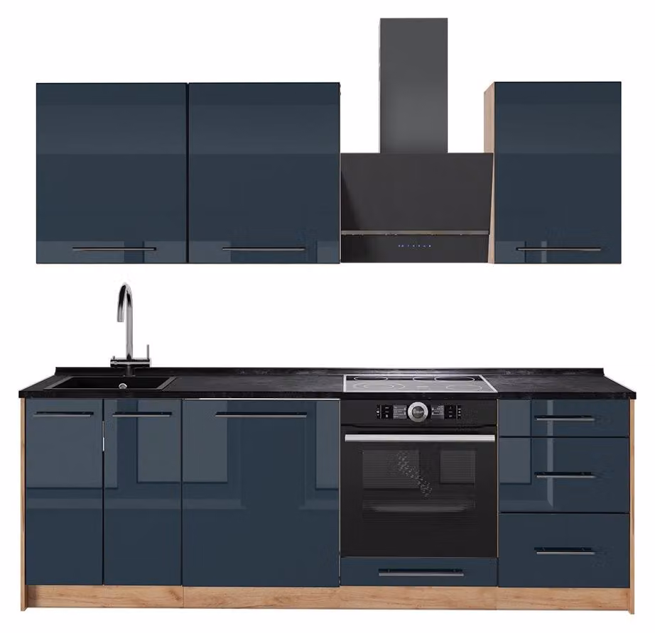 Cucina componibile Vicco Fame-Line Blu scuro lucido/Rovere dorato 230 cm, PL Antracite, Model 65731