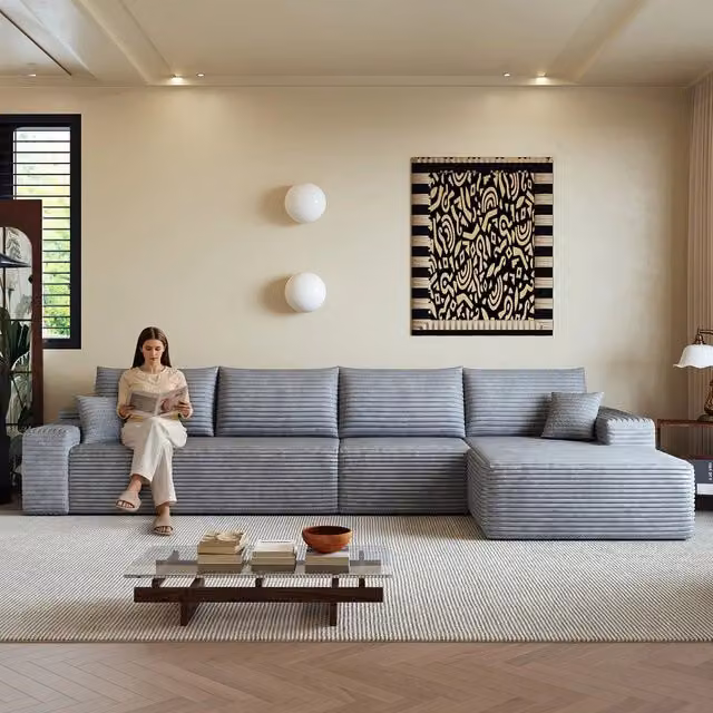Divano angolare modulare con chaise longue ¨C Minimal ¨C grigio tessuto imbottito 340cm