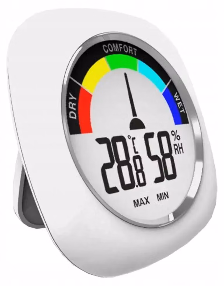 Stazione meteorologica digitale con orologio, termometro e igrometro, colore bianco, dimensioni 10,5 cm, per uso interno