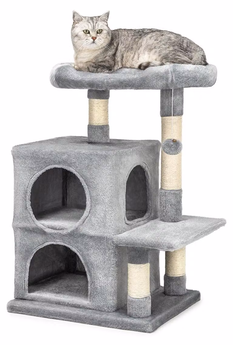 tiragraffi lionto per gatti 80 cm, con 2 grotte, giaciglio e palla da gioco, paletti in sisal per la cura degli artigli, grigio chiaro