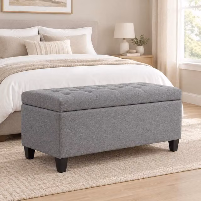 Panca contenitore imbottita con seduta apribile e bottoni per ingresso in poliestere grigio chiaro 100×40×44 cm