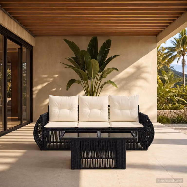 Set Divano da Giardino vidaXL 4 Pezzi in Polyrattan Nero e Bianco con Cuscini e Tavolino da Caffè