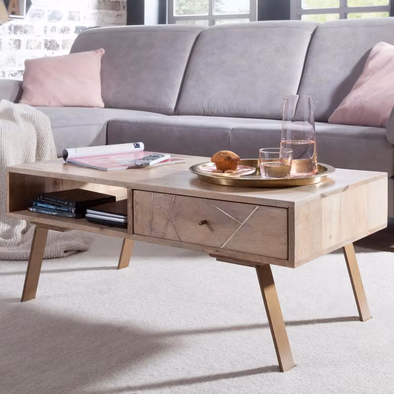 FineBuy Tavolino in legno massiccio di mango rettangolare 95cm - Tavolino da salotto con cassetto e ripiano - Stile country con gambe in metallo dal design retrò