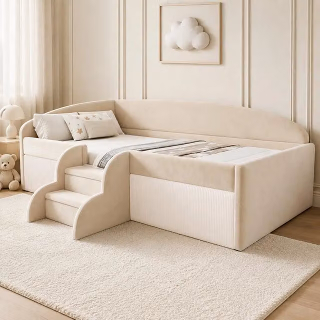 Letto imbottito per bambini 90 x 190 cm con gradini e sponde; velluto beige