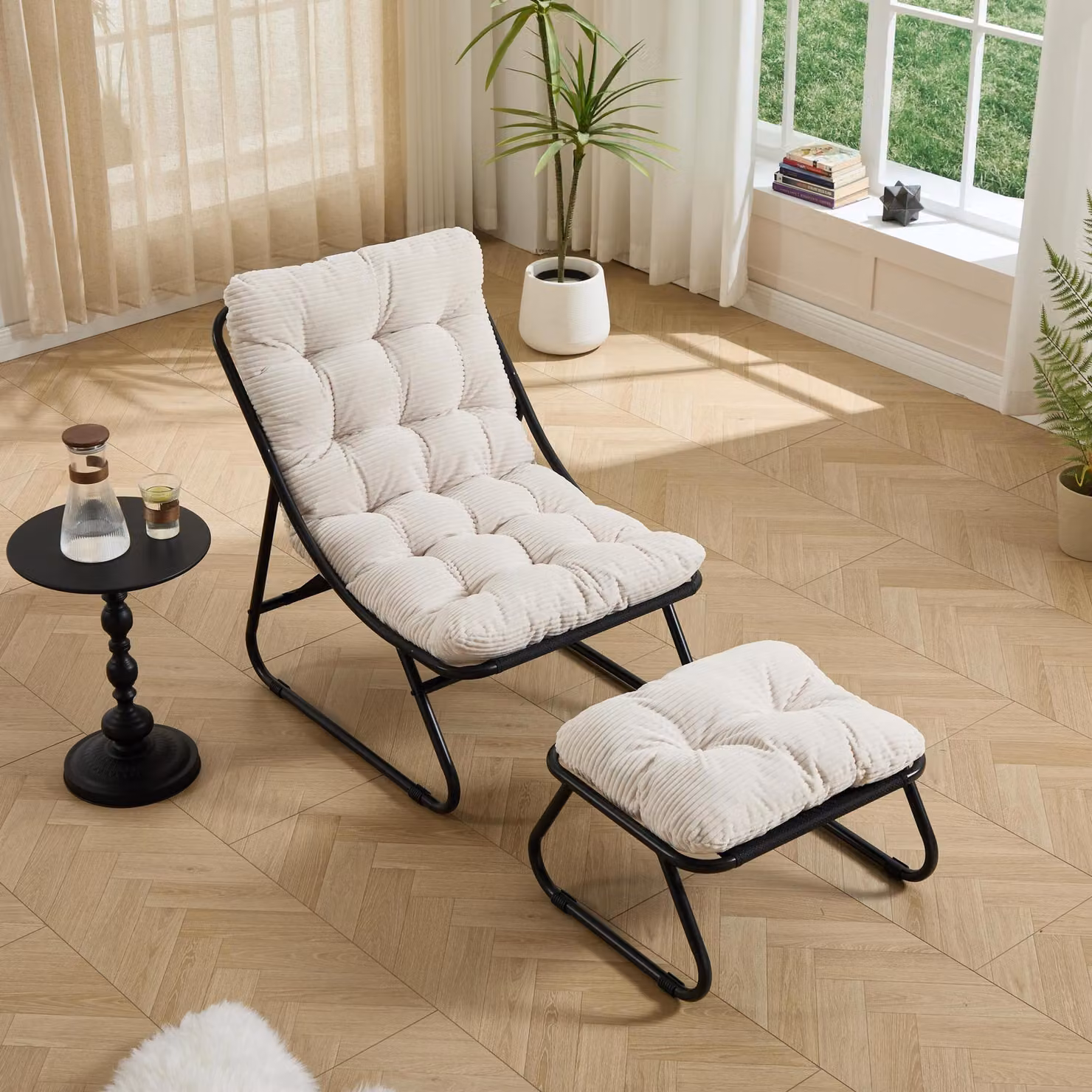 Poltrona lounge da esterno con pouf e cuscino imbottito in tessuto sling e struttura in acciaio bianco – 2