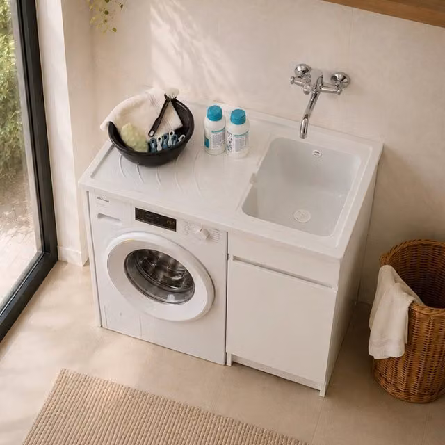 Mobile lavatoio moderno bianco con coprilavatrice, vasca e kit di scarico L: 106 cm, P: 50 cm, H: 90 cm