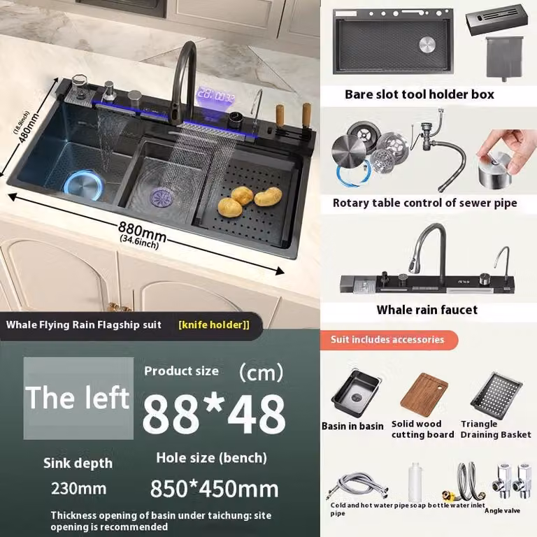 Lavello in acciaio inossidabile – Lavello da cucina – Grande lavello singolo con rubinetto a cascata e display digitale