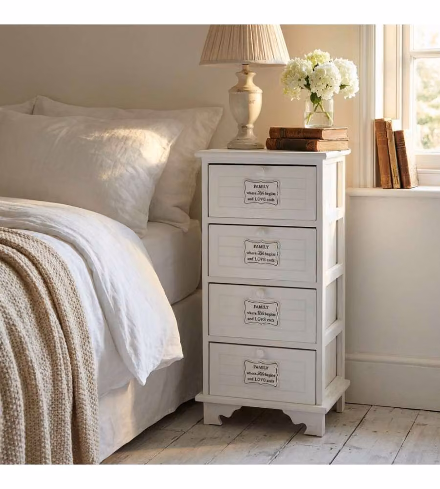 Mobiletto Cosma con 4 Cassetti in Legno Bianco Stile Shabby Chic L: 37 cm, P: 28 cm, H: 73 cm