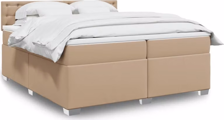 Letto con boxspring e materasso, colore cappuccino, dimensioni 200x200 cm, rivestito in ecopelle