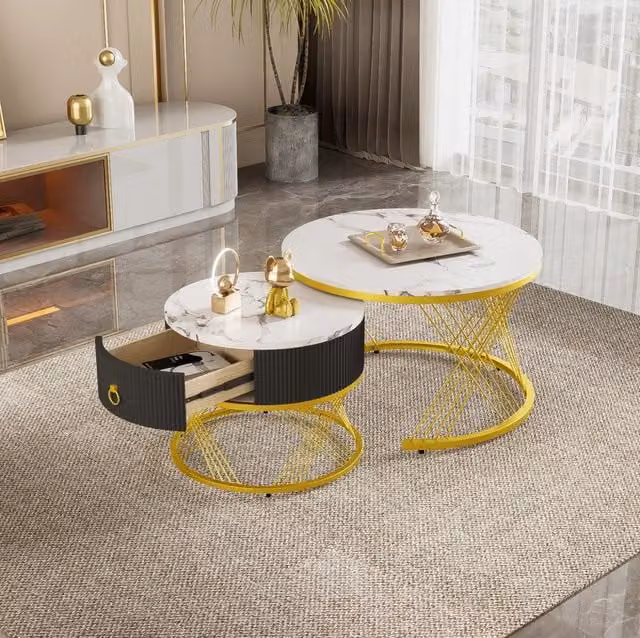 Set 2 tavolini da salotto ULEVR effetto marmo bianco e oro, tavolino componibile con cassetto
