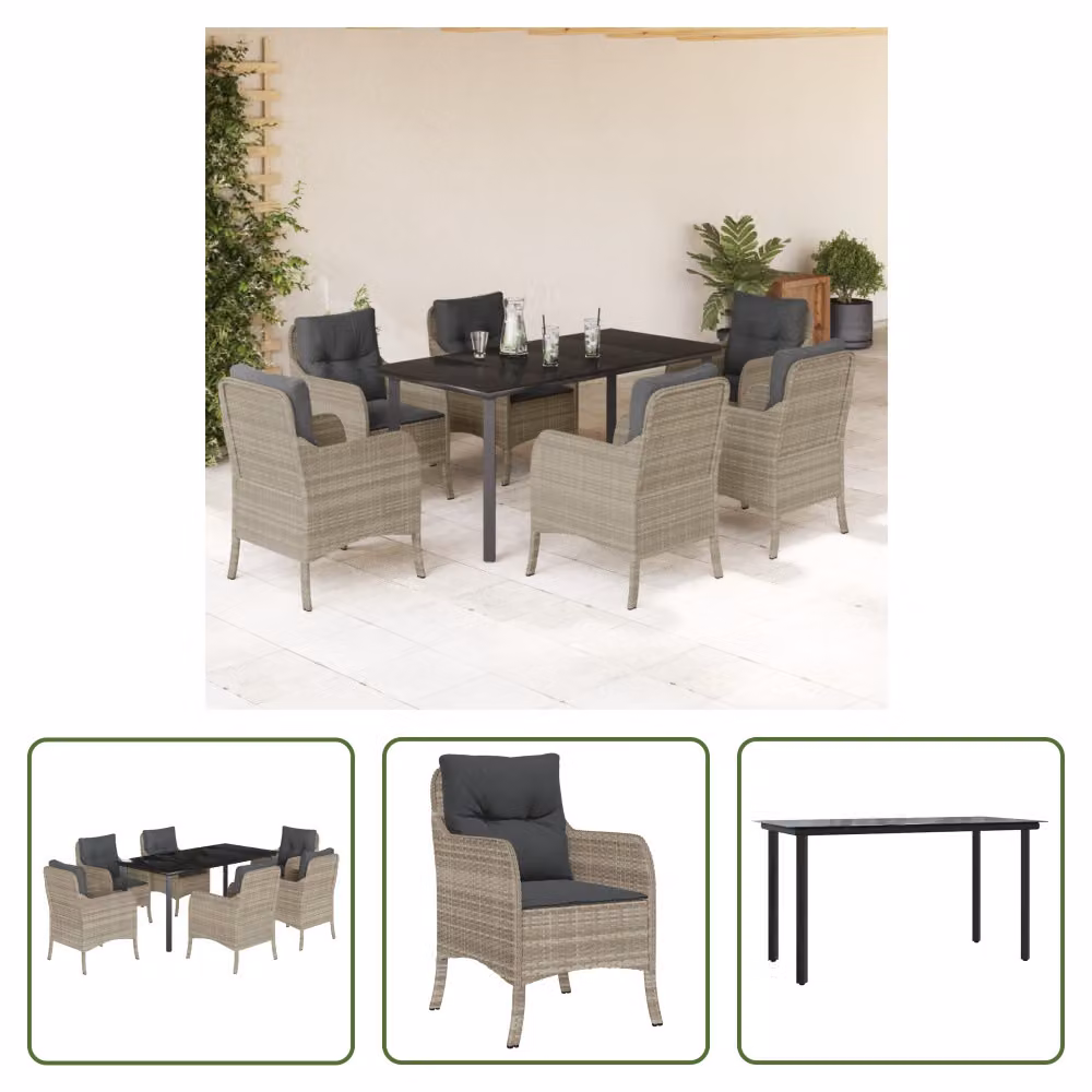 The Living Store Set da pranzo da giardino 7 pezzi con cuscini in poly rattan grigio chiaro