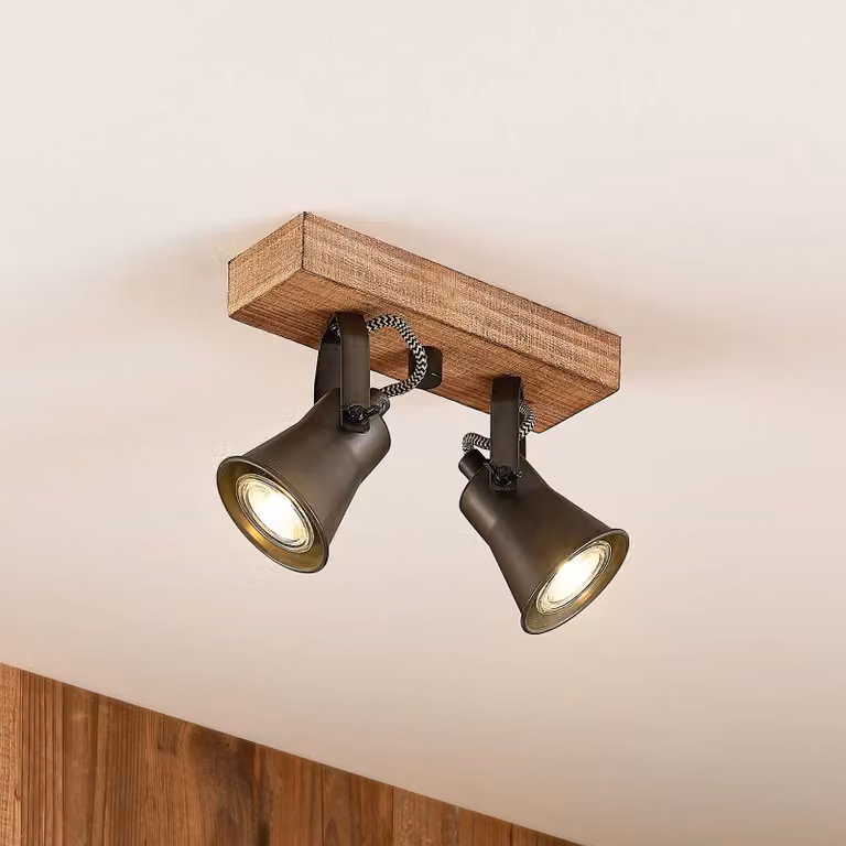 Lindby Grandesa faretto soffitto, 2 luci Lindby, dimmerabile, Legno scuro, Soggiorno / Sala da pranzo, Legno, Vintage, Faretto alogeno
