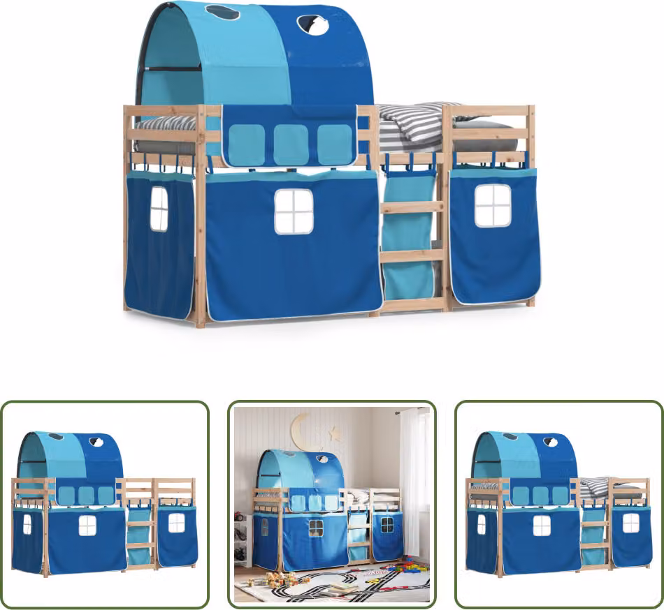 The Living Store Letto a castello con tende blu 90x200 cm in legno di pino massiccio