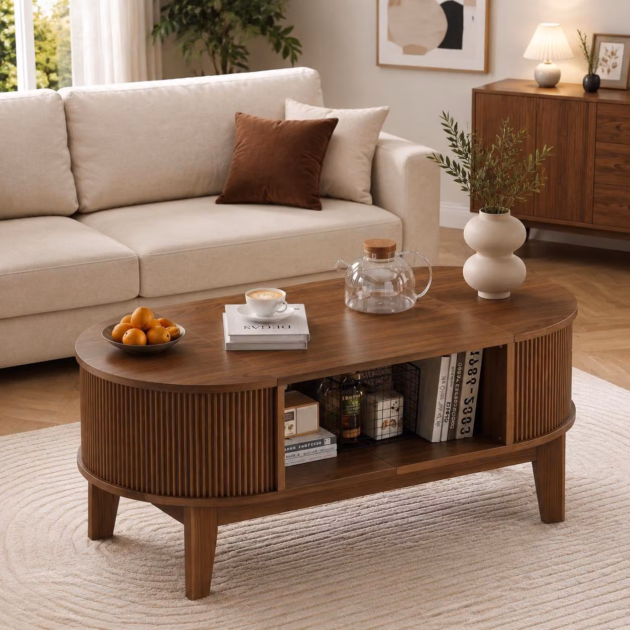 Tavolino INONEFT con spazio contenitore, tavolino da salotto con 2 vani nascosti e 1 vano aperto, design con coperchio ribaltabile, tavolino da divano