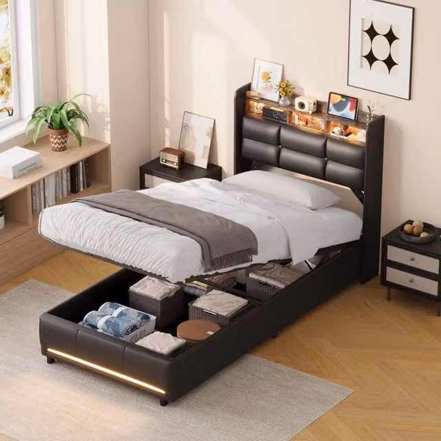 Letto Singolo 90x200 cm; Letto Contenitore Idraulico Imbottito; Luci LED e Porta USB; Struttura Letto in PU; Nero; Senza Materasso