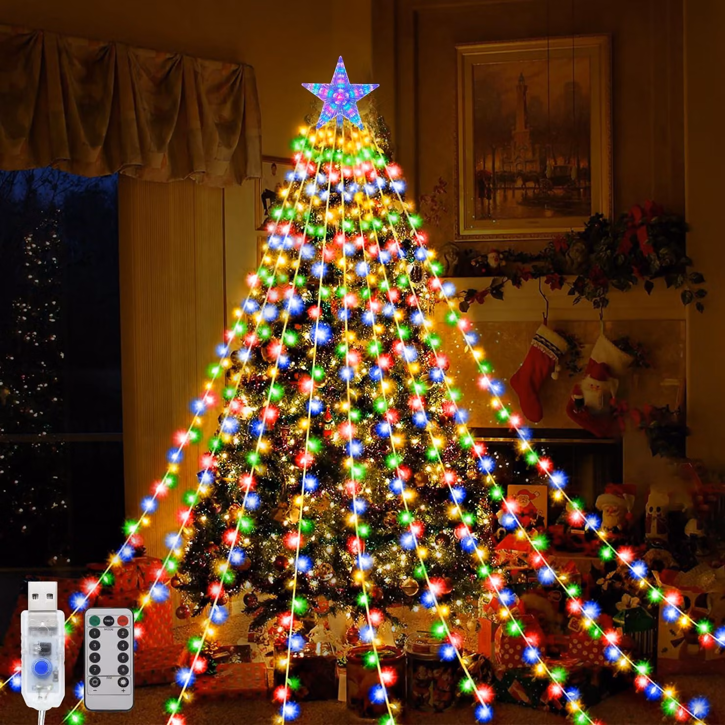 Catena luminosa a LED con 198 luci, punta a forma di stella, 9 fili, 1,95 metri di lunghezza, alimentazione USB, 8 modalità