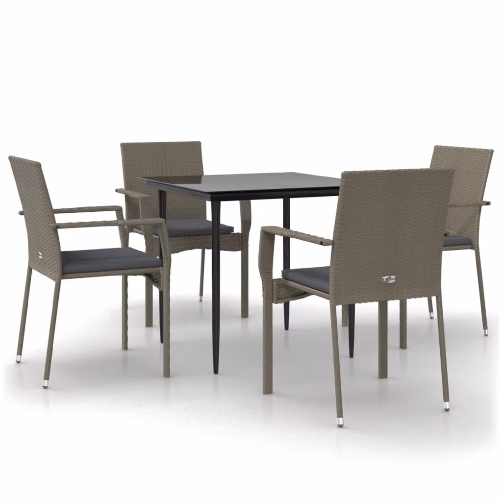Set da Pranzo Giardino 5pz Nero e Grigio con Cuscini Polyrattan