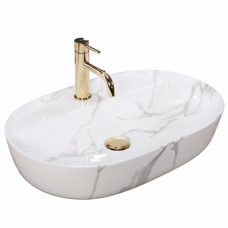 Lavabo da appoggio ovale in Vetroceramica, motivo bianco marmorizzato, dimensioni 61 x 41 cm, con foro per rubinetto