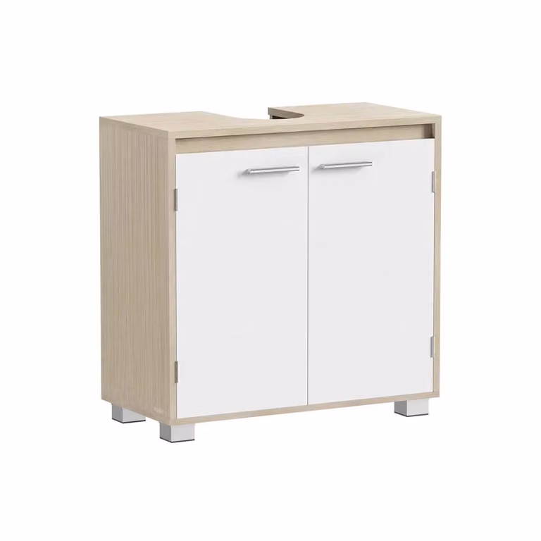 Mobile sottolavabo da bagno con due scomparti e piedini regolabili, Beige Naturale + Bianco Nuvola