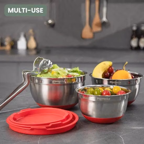 Set di 3 contenitori in acciaio inox Mengkom con coperchi ermetici e fondo antiscivolo in silicone, colore argento, capacità 2 l, 1,5 l e 1 l, impilabili e lavabili in lavastoviglie