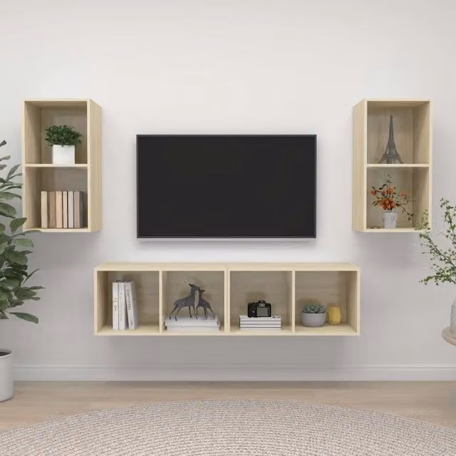 Mobile TV a parete vidaXL in legno multistrato color rovere sonoma, set di 4 pezzi per soggiorno in stile moderno – 1
