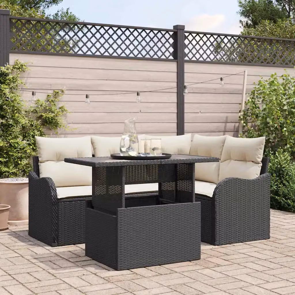 vidaXL Set Divano da Giardino a L 5 Pezzi con Tavolino e Cuscini, Nero e Bianco, in Rattan e Metallo con Struttura in Acciaio Verniciato a Polvere – 1