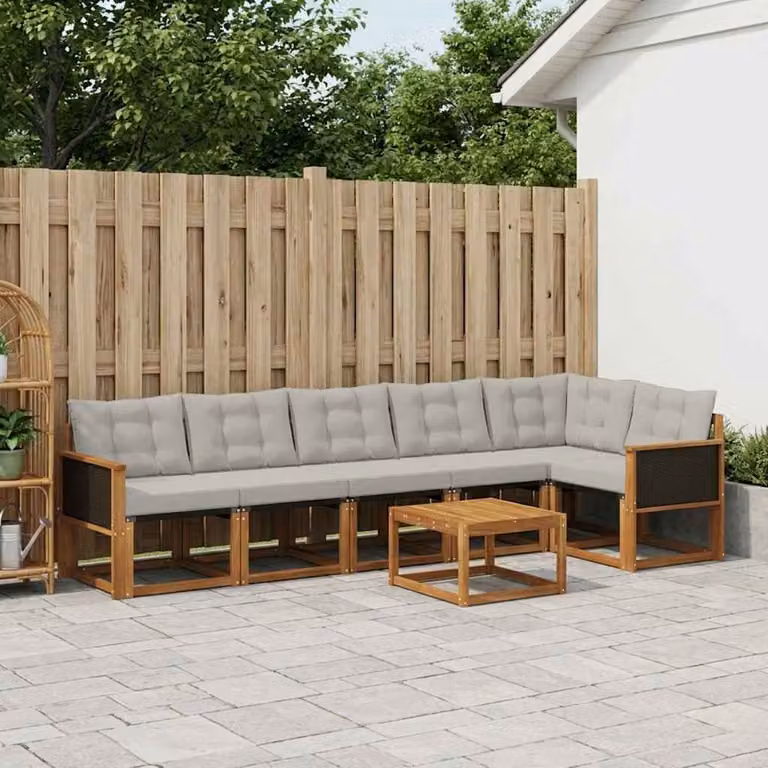 Set di divani da esterno vidaXL da 7 pezzi in legno di acacia con cuscini, colore beige e grigio chiaro
