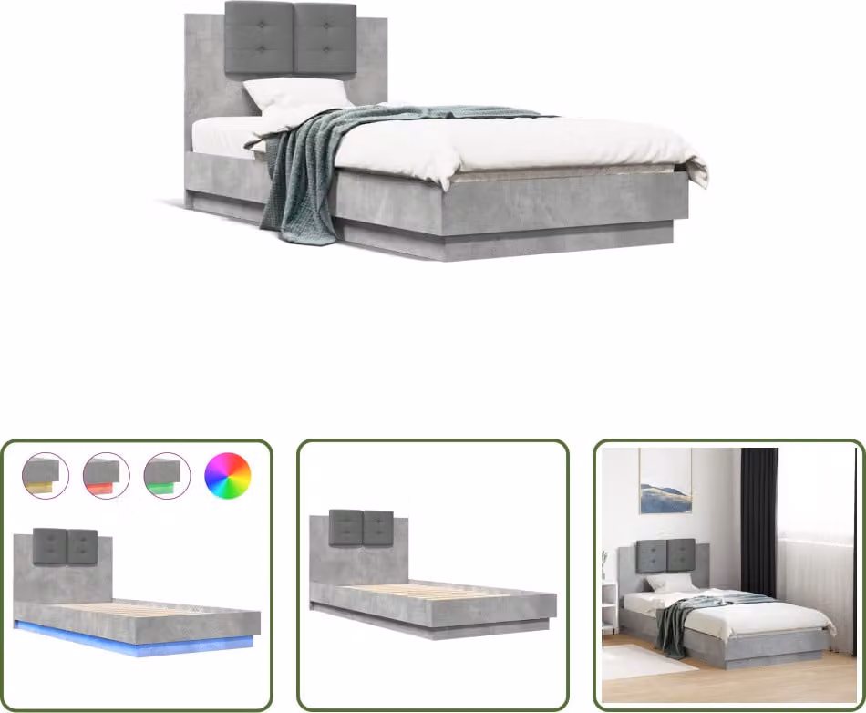 The Living Store Struttura letto con testiera e luci LED grigio cemento 75x190 cm