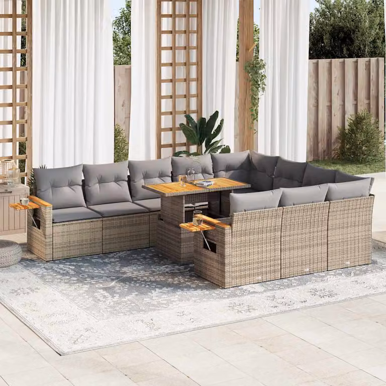 Set Divani da Giardino vidaXL 11 Pezzi in Polyrattan e Legno di Acacia con Cuscini Beige e Grigio a Forma di U