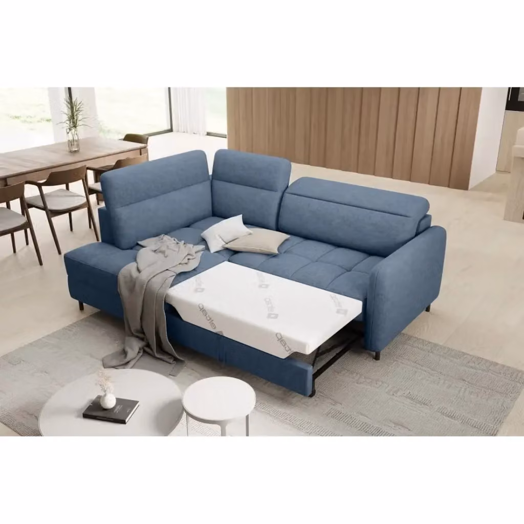 Divano ad angolo sinistro convertibile BARNEA MEUBLORAMA blu con contenitore e funzione letto, L: 208 cm, P: 100 cm, H: 114 cm – 2
