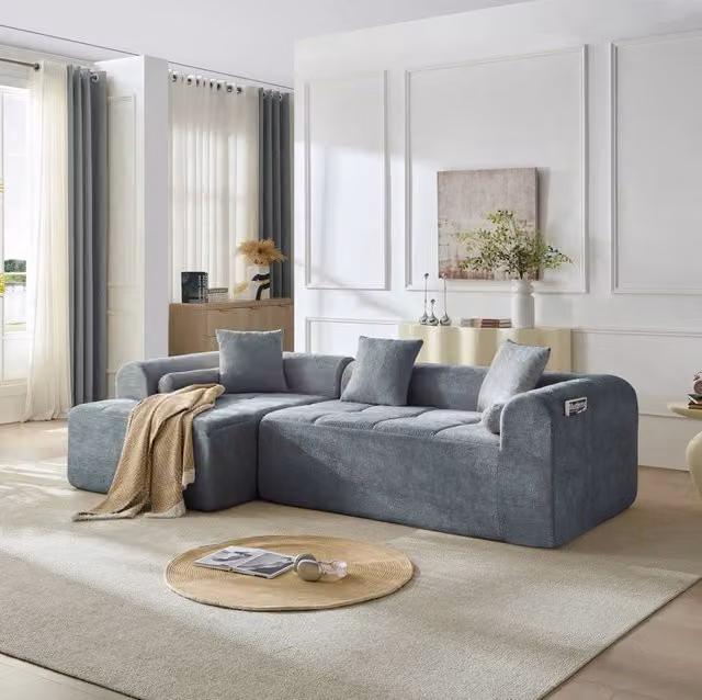 Divano in ciniglia blu con sistema a molle e schiuma ad alta densità