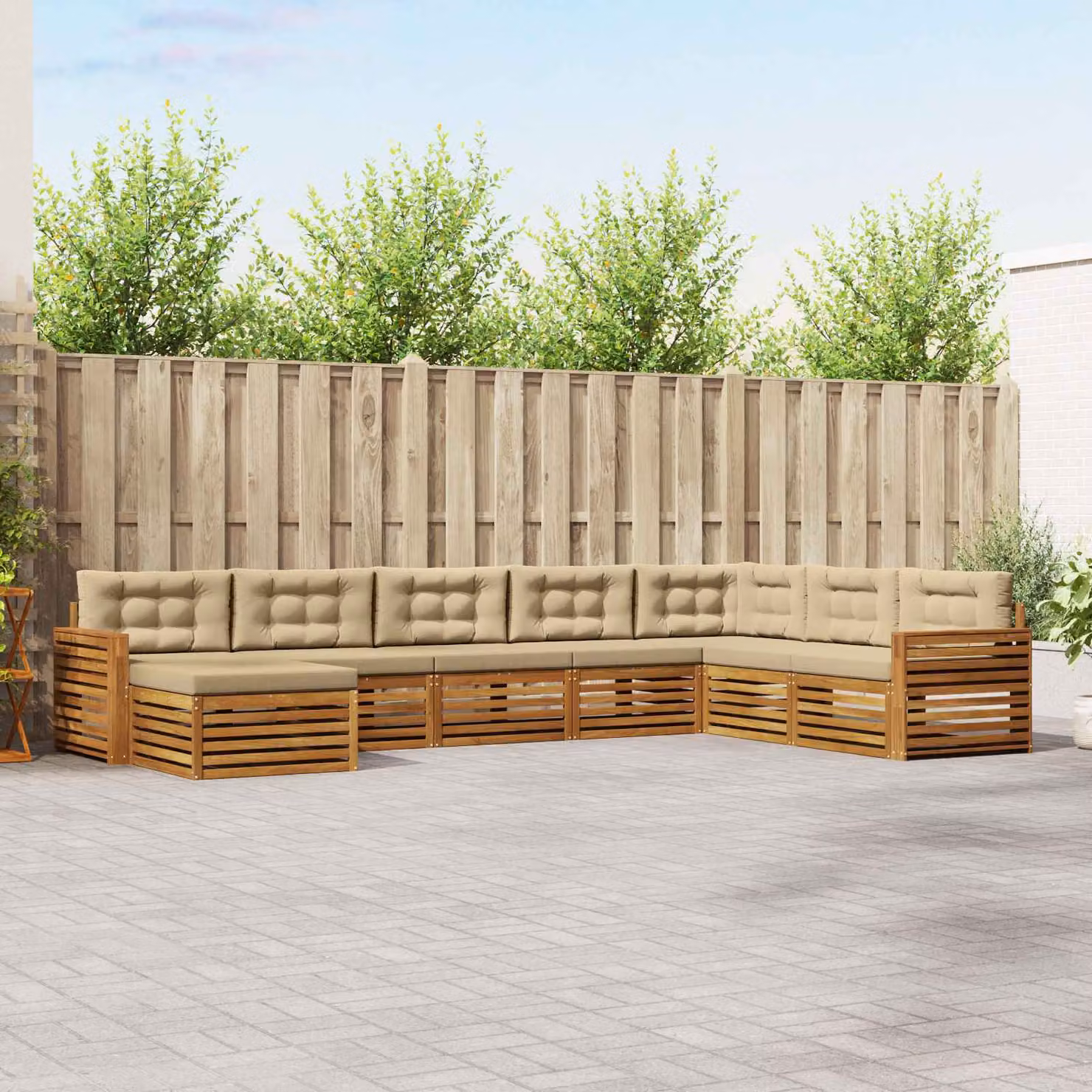 Set di divani da esterno vidaXL a forma di L composto da 8 pezzi in legno di acacia con cuscini in tessuto beige e sabbia