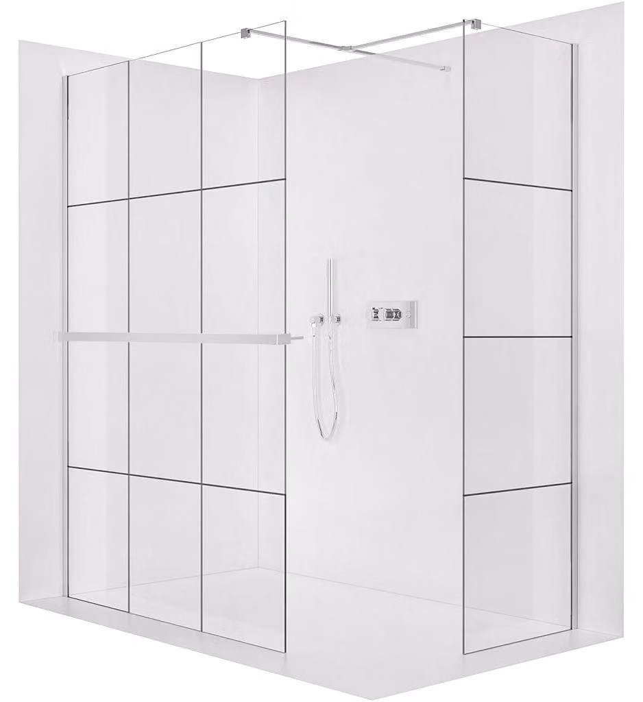 Pannello doccia angolare Walk-in Onyx T, destro/sinistro - 8 mm - profilo squadrato + ripiano/portasciugamani - cromo, vetro industriale - 150x140x200 cm