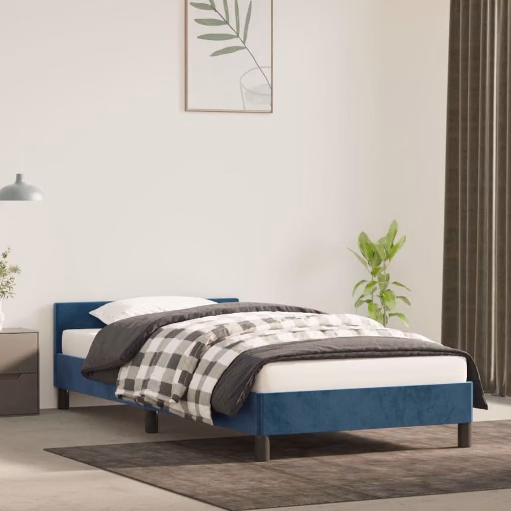 The Living Store Struttura letto con testiera in velluto blu scuro 90x200 cm