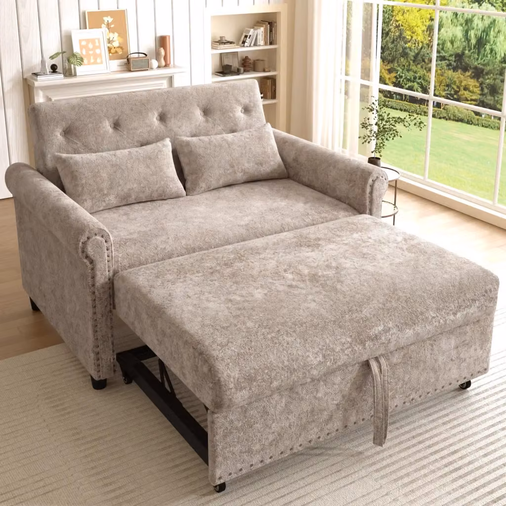 Divano letto 3 in 1 REDOM da 2 posti in tessuto chenille marrone e grigio con struttura in legno massiccio e poggiatesta regolabile – 2