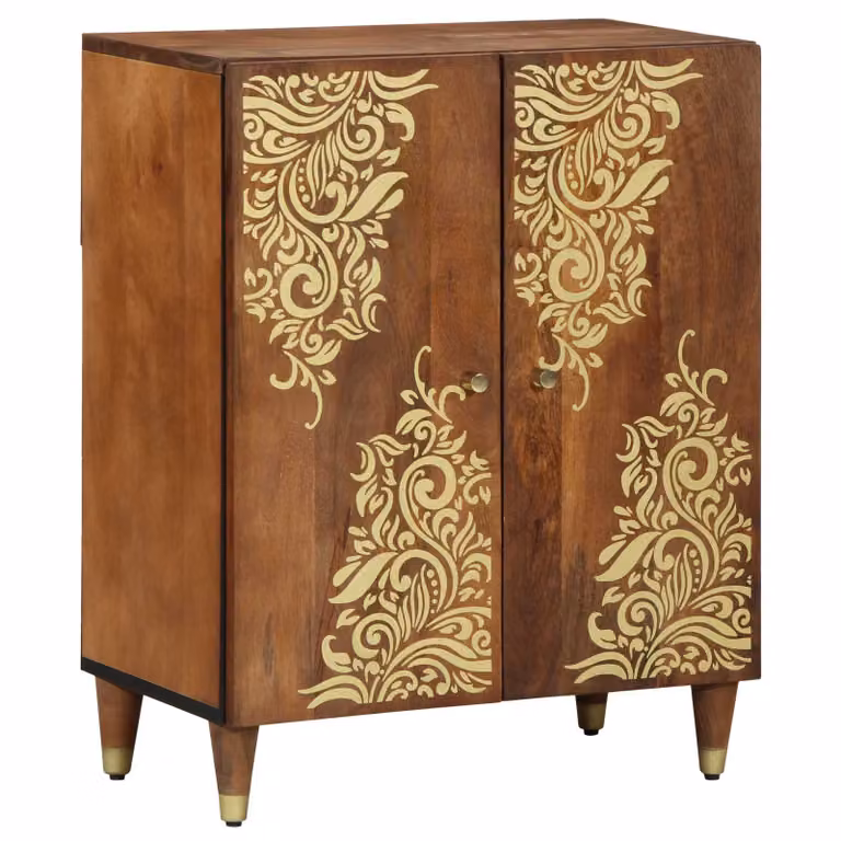 Credenza moderna vidaXL in legno di mango massello marrone con dettagli oro L: 60 cm, P: 33 cm, H: 75 cm