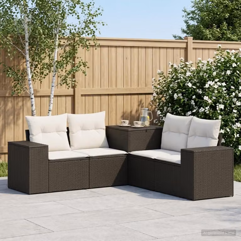 Set di divani da giardino vidaXL 5 pezzi a forma di L con pouf e cuscini, nero e bianco
