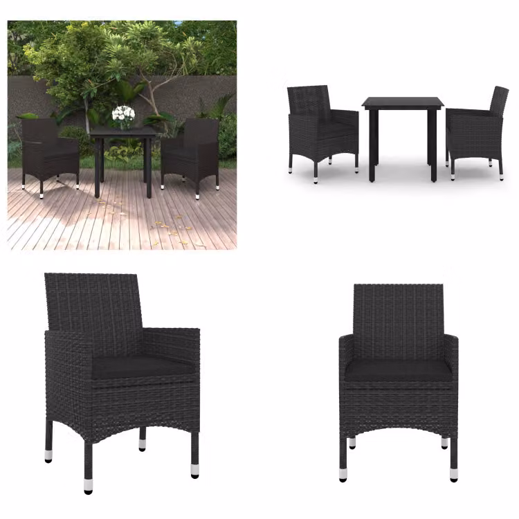 vidaXL Set da pranzo da giardino 3 pezzi con cuscini in polirattan e vetro - Set da pranzo da giardino - Set da pranzo da giardino - Set da pranzo da esterno - Tavolo e sedie da giardino