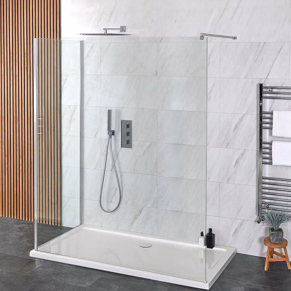 Doccia Walk-in a Due Lati con Piatto Doccia - Scelta di Dimensioni e Opzione Anta Paraspruzzi - Portle