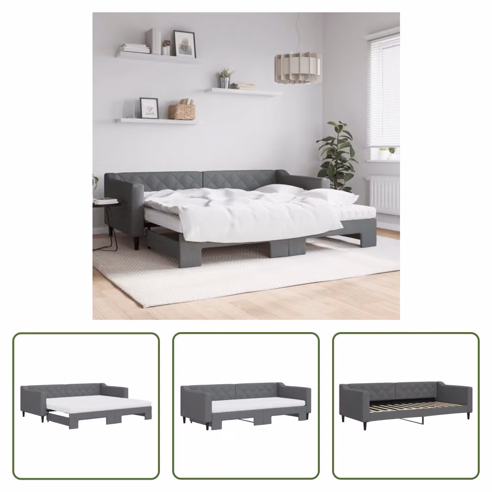 The Living Store Letto da giorno allungabile con materassi grigio scuro 90x200 cm in tessuto