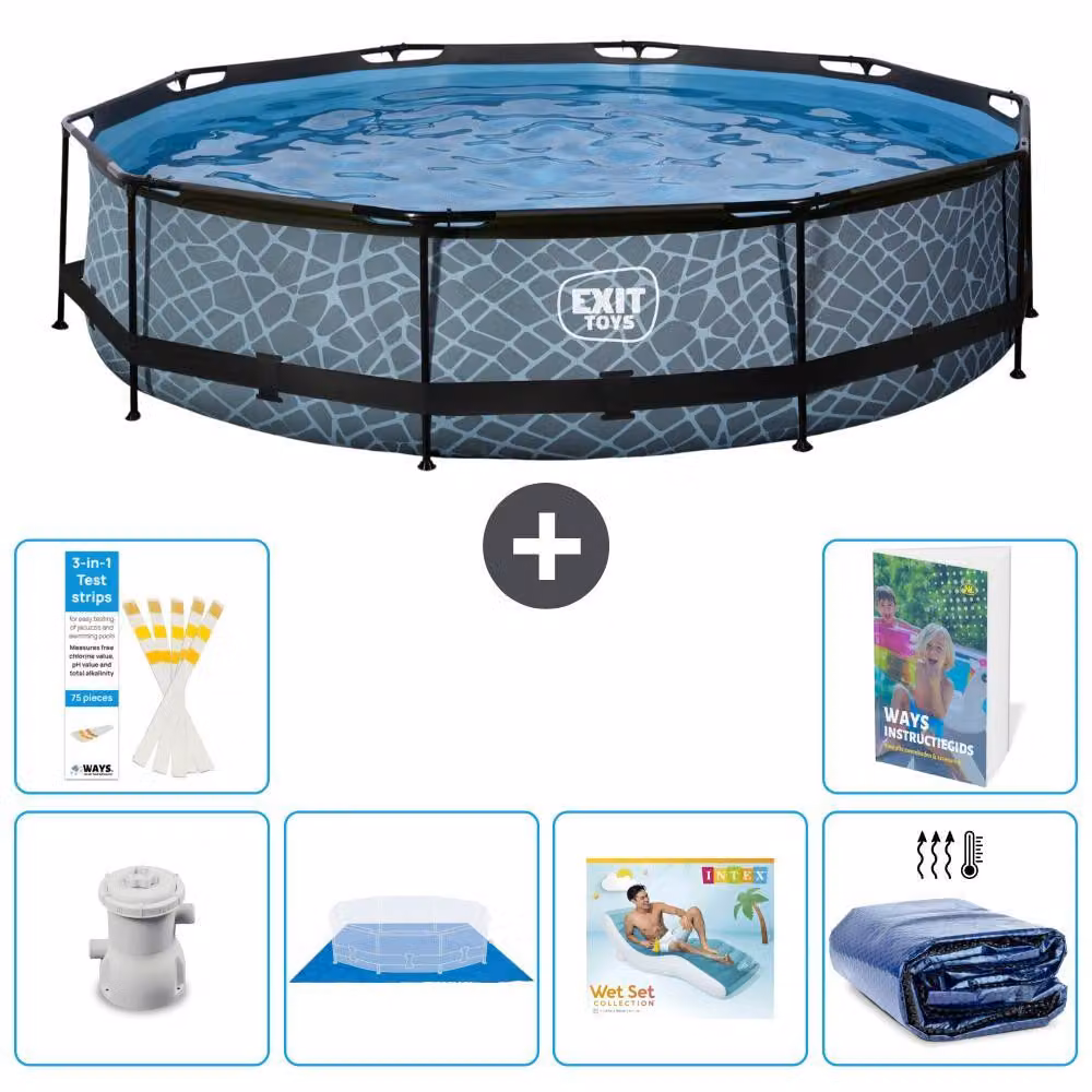 Piscina a sfioro "Exit Pool Rund" - Design effetto pietra - 360x76 cm - 5 pezzi - Modello S345
