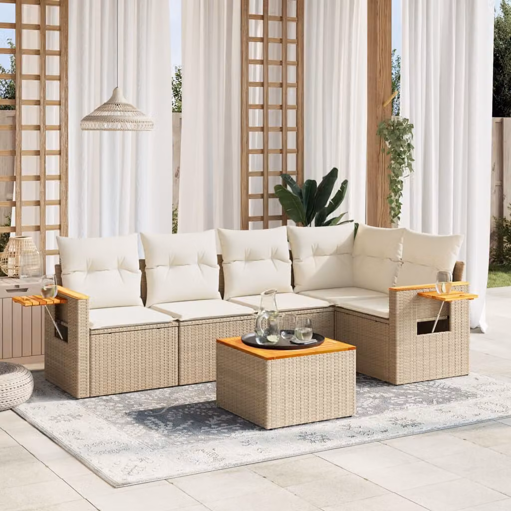 vidaXL Set Divano da Giardino 6 pz a L in Polyrattan Beige con Cuscini e Tavolino – 1
