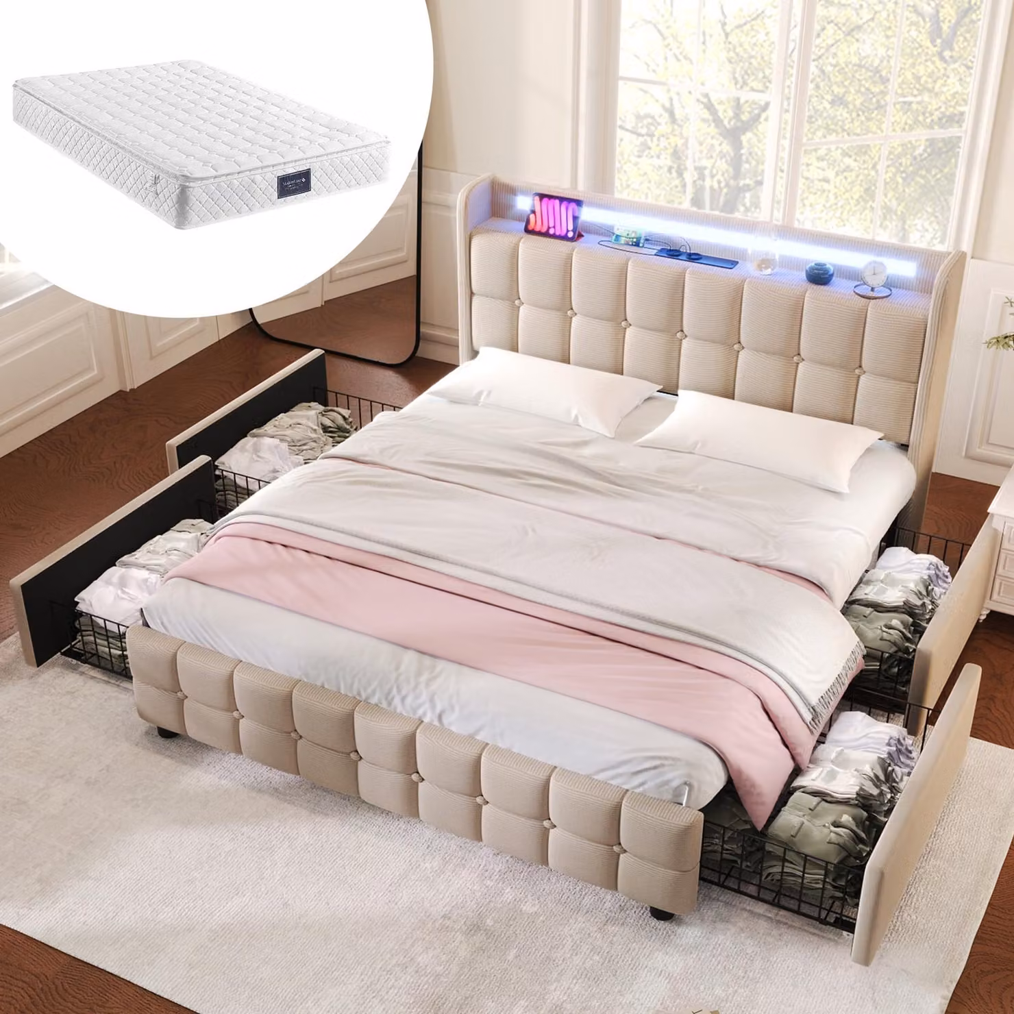 Letto imbottito 140x200 cm con materasso, testiera LED con 2 porte USB e 2 prese di corrente, 4 cassetti, rete a doghe in legno, colore beige