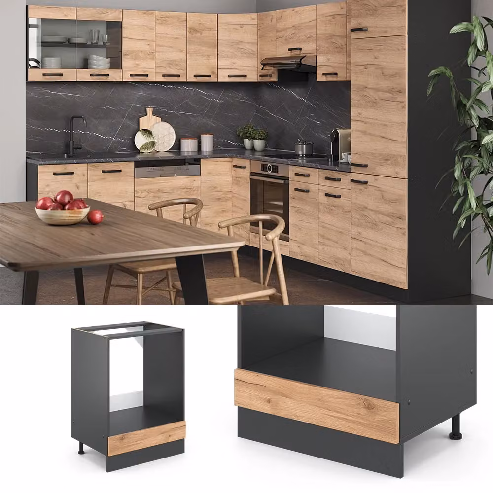 Mobile per forno da incasso Vicco R-Line J-Shape Rovere dorato e Antracite L: 60 cm – 2