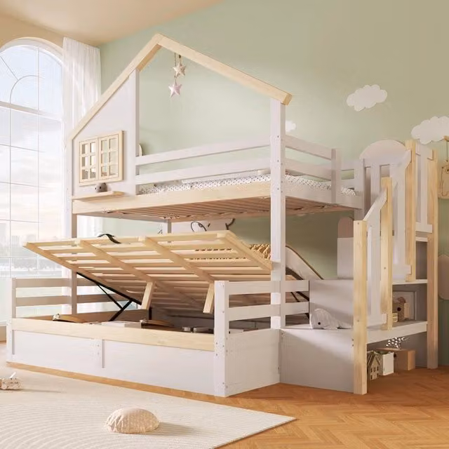 Letto a Castello Minimal con Contenitore Idraulico Bianco e Naturale L/P/H: 214 x 97,5 x 145 cm