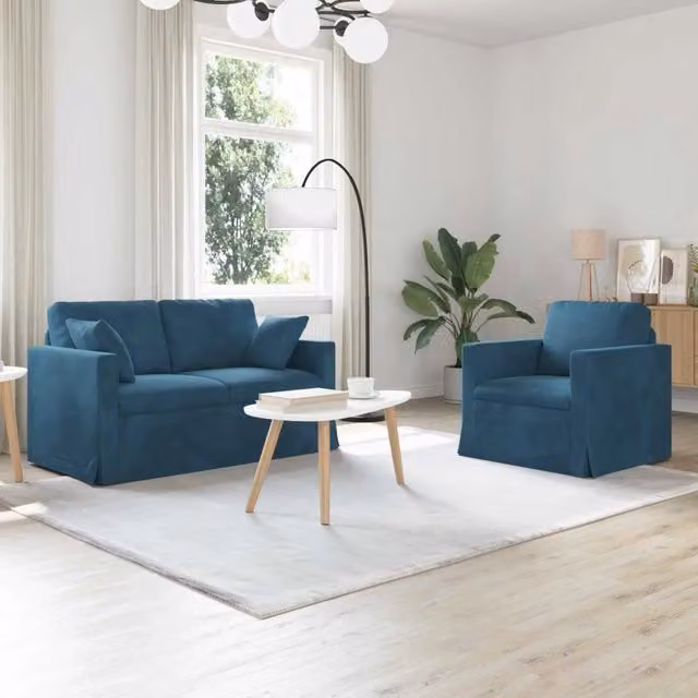Set di 2 divani moderni vidaXL in velluto blu con struttura in metallo e coperture rimovibili – 1