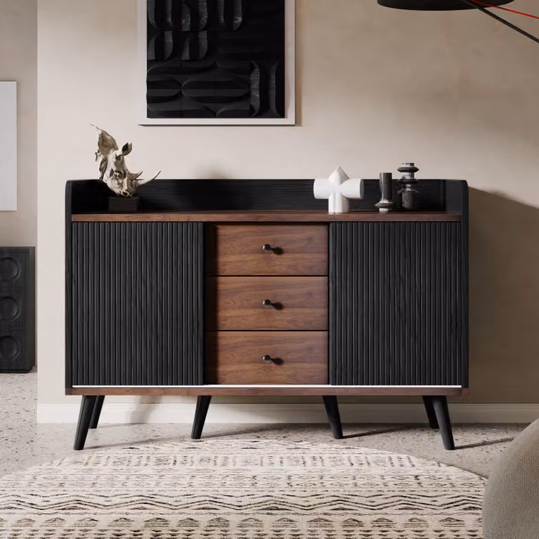 Credenza a cassettiera Flieks con 3 cassetti e 2 ante scorrevoli, mobile da soggiorno con ripiani regolabili, 117,5x39,5x80cm